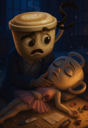 Cappuccino Assassino holds Ballerina Cappuccina in his arms, devastated by her lifeless body.