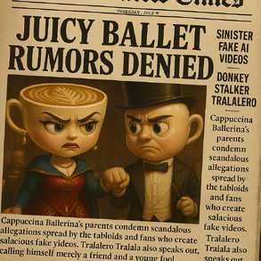 The Caffetito Times front page, featuring Ballerina Cappuccina's grieving parents responding to slander, AI-generated fakes, and obsessive fans.
